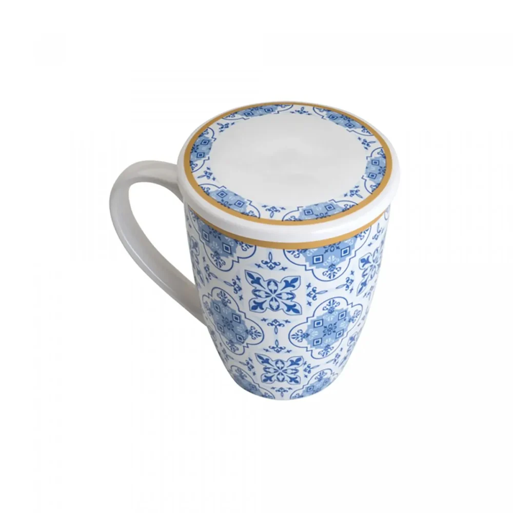 Caneca de Porcelana Lyor Super White com Tampa e Filtro Azul/Branca