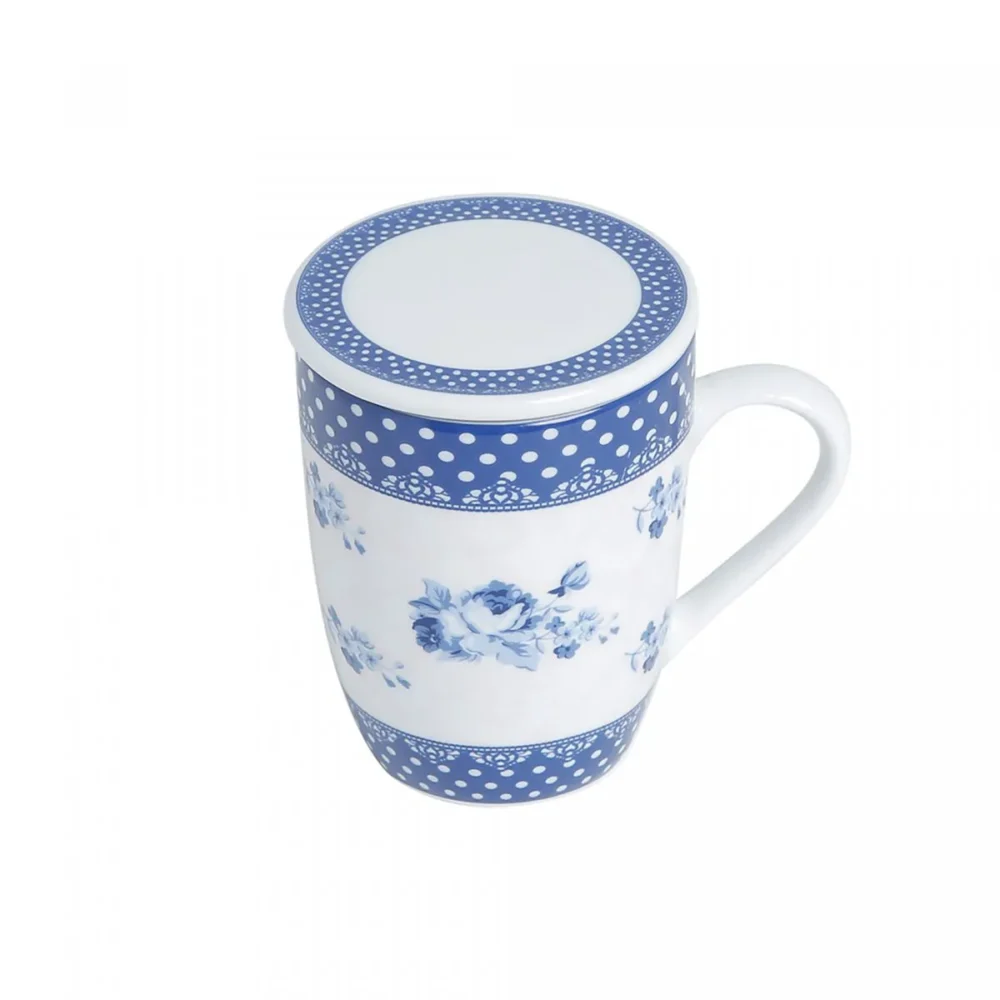 Caneca de Porcelana Super White com Tampa e Filtro Azul e Branca Elsa